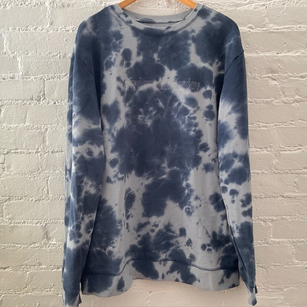 Original Use Oversized Graphic Sweatshirt “Slow Down and Enjoy Your Day” Blue L